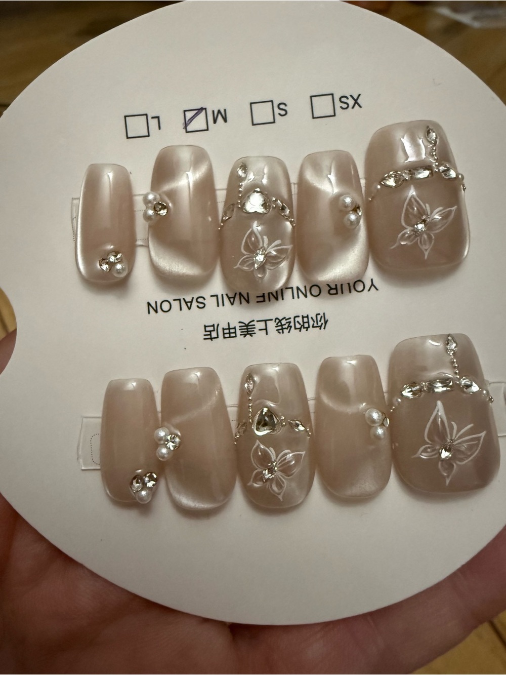 Pearl Nude Floral Rhinestone Press-On Nails - Size M